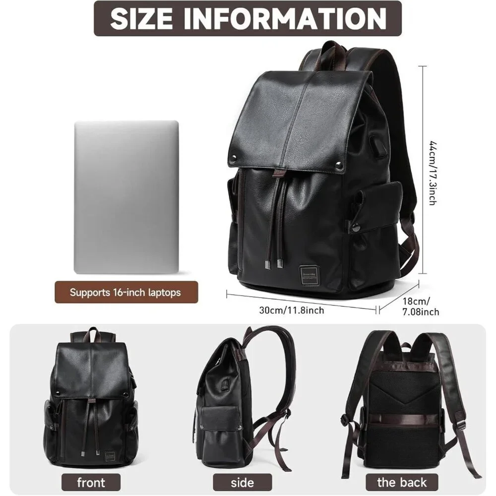 Men's Black Vintage Pu Leather Water-resistant College Casual 15.6